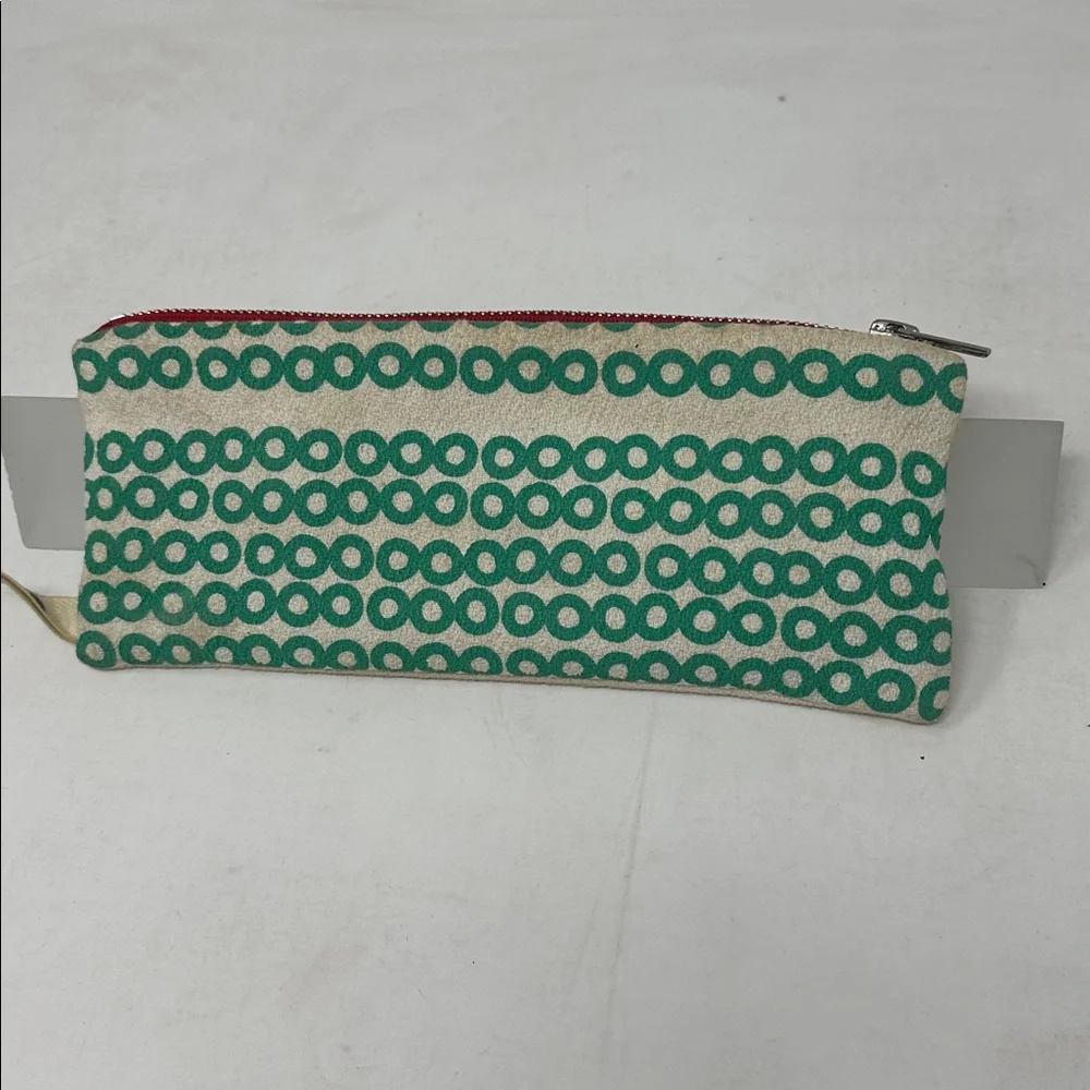 Vintage Erin Flett small zipped bag. Cream cloth bag with green screen print. - Picture 3 of 8